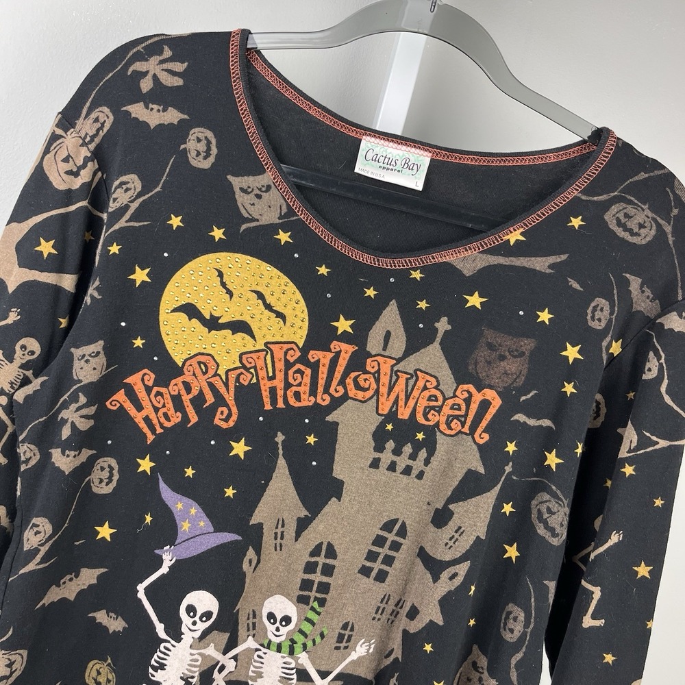 Cactus Bay Halloween Shirt Top Womens L Skeleton Rhinestones Y2K VTG